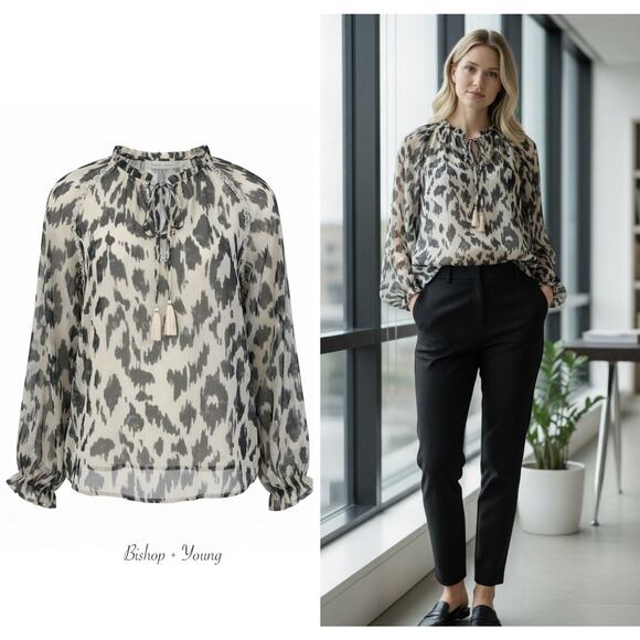 Anthropologie Tops - Bishop + Young Animal Print Blouse Tie Neck Long Sleeve Work Ivory Black Size S